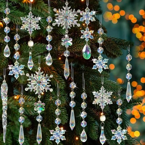 Crystal Christmas Tree Ornaments, 48pcs Iridescent Acrylic Snowflake Icicle by OuMuaMua