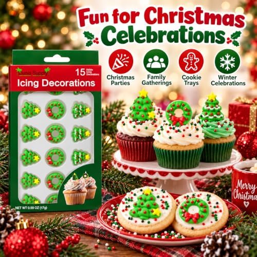 Oasis Supply Christmas Trees & Wreaths Edible Icing Decorations – 15 Count – Holiday Cake & Cupcake Toppers for Cookies, Cakes, Cupcakes & Desserts - Image 5