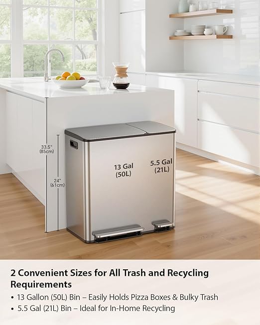 Lovewind Double Trash Can Kitchen, 13+5.5 Gallon Stainless Steel Dual Trash and - Image 2