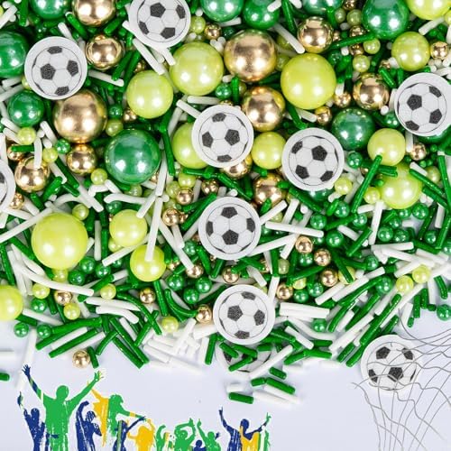 Edible Soccer Sprinkles for Cake Decorating,Food Grade 130g,Baking Sprinkle Mix for Sports & Football Theme Party,Green Gold White Pearls and Jimmies with Soccer Wafer Paper Toppers,for Cupcakes,Ice Cream,Cookies,Donut,Cake Decorations,Match Viewing Ev... by Sugarzy