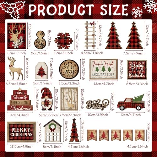 Shellwei 24 Pcs Christmas Tiered Tray Decor, Wood Rustic Buffalo Plaid - Image 3