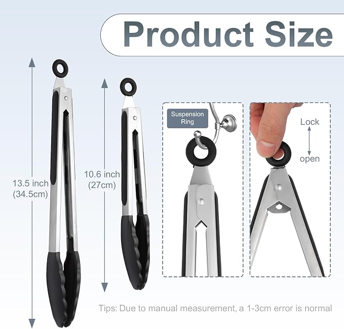 2 Pack Black Premium Stainless Steel Heat Resistant Kitchen Tongs - Image 2