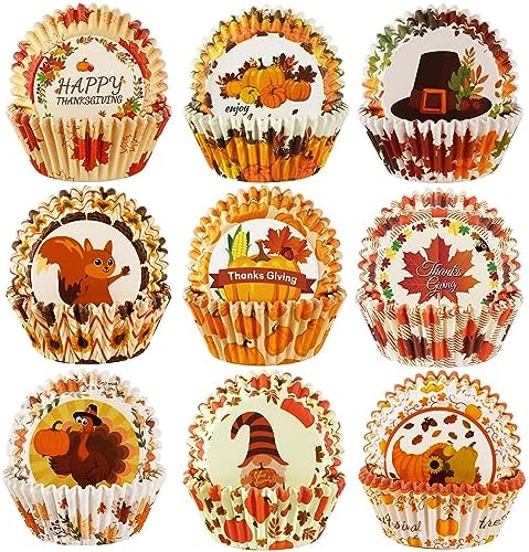 SANNIX 450pcs Thanksgiving Cupcake Liners, Turkey Maple Leaf Gnome 9 Design by SANNIX