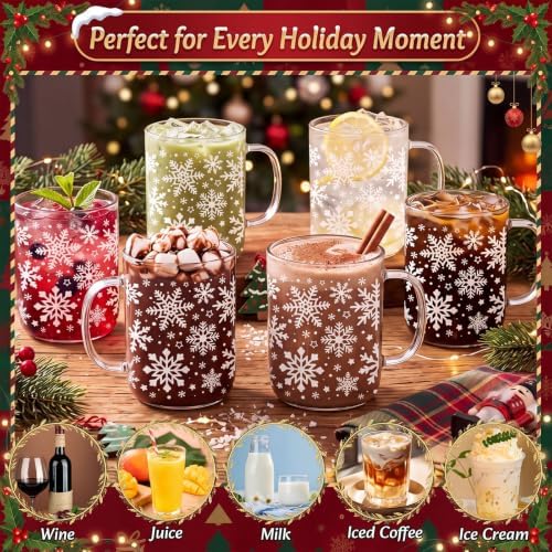 12 Pcs Christmas Glass Mugs with Handle Winter Xmas Coffee Mugs, Snowflakes - Image 3