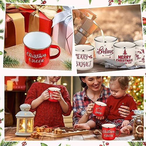 Christmas Coffee Mug Set of 12, 12 oz Red White Enamel Cup, Believe - Image 6