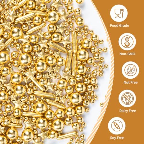 Edible Gold Sprinkles for Cake Decorating,Pearls Stars Rods Sugar Sprinkle - Image 3