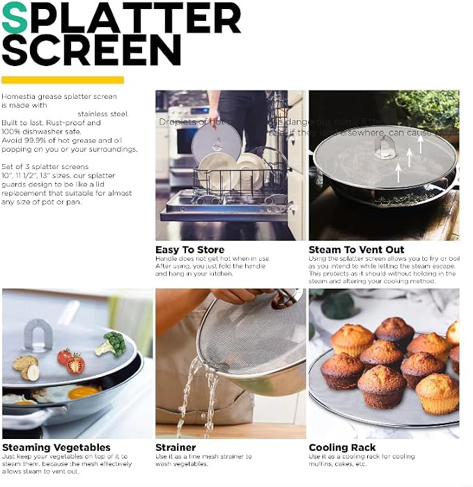 Homestia Splatter Screen for Kitchen, Stainless Steel Fine Mesh Splatter Screen - Image 3