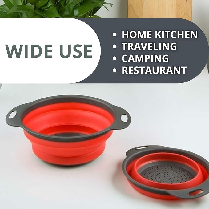 Red Round Silicone Collapsible Colander – Silicone Round Kitchen Strainers - Image 4