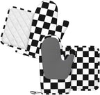 Black White Check Plaid Oven Mitts and Pot Holders Sets Silicone Black and - Image 2