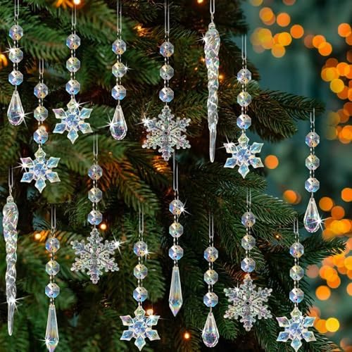 Crystal Christmas Tree Ornaments, 80pcs Iridescent Acrylic Snowflake Icicle by OuMuaMua