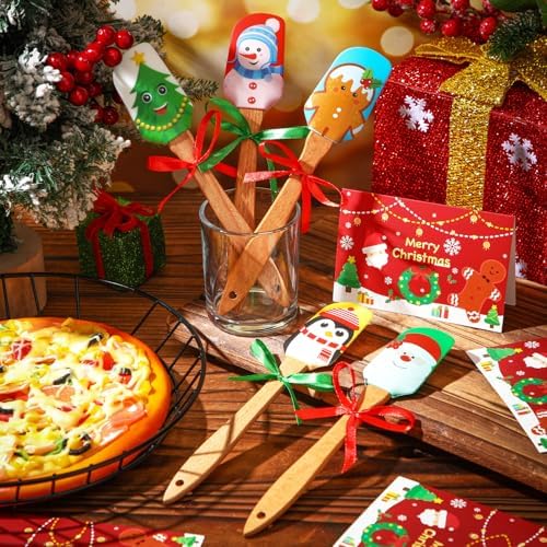 Newtay 5 Sets Christmas Silicone Spatula Cake Spatula Bulk Cooking Scraper with Wooden Handle Xmas Greeting Card Ribbon for Christmas Decoration Holiday Gifts Kitchen Party Favors (Cute Style) - Image 3