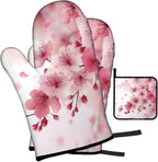 LOKMU Oven Mitts and Pot Holders Set of 3, Watercolor Pink Cherry Blossoms - Image 2