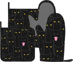 Fun Black Cat Oven Mitts and Pot Holders Set of 4 Silicone Heat Resistant Oven by VOOHDDY