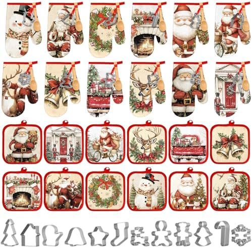 Qinyoung 48 Pcs Christmas Kitchen Oven Mitts Pot Holders, Retro by Qinyoung