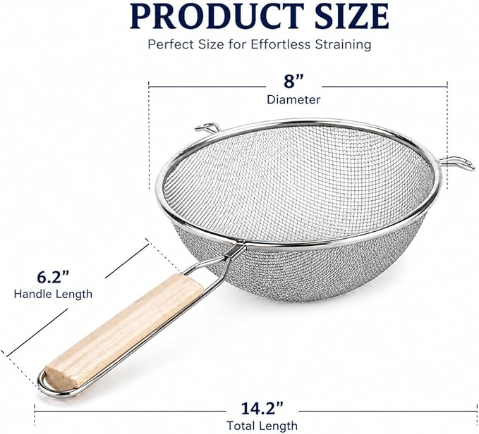 Huji Stainless Steel Fine 8" Double Mesh Food Strainer Colander Sieve Sifter - Image 4