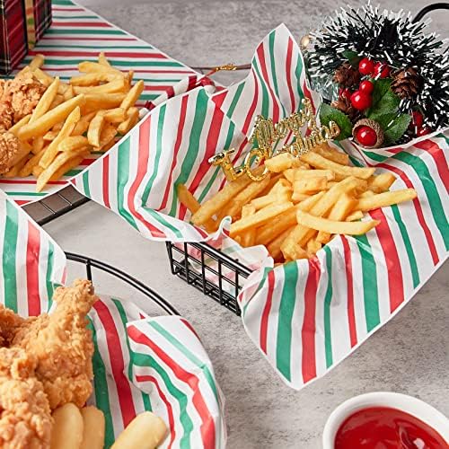 Zezzxu 100 Sheets Red and Green Striped Wax Paper, Parchment Paper for Cookie Box Deli Food Wrapping Grease Resistant Basket Liners (8.5 x 9.8 Inches) - Image 5