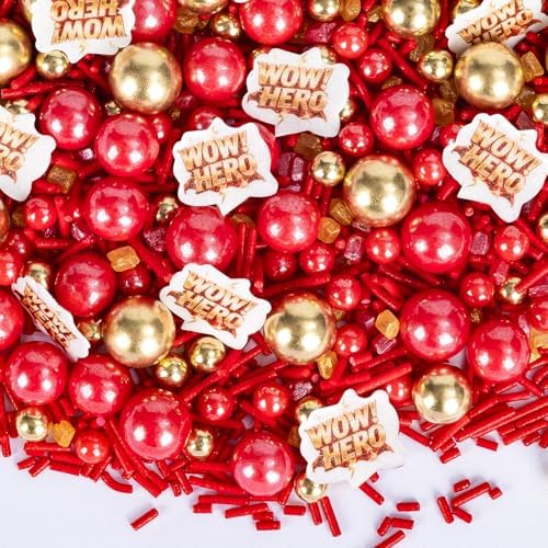 Edible Hero Sprinkles for Cake Decorating,Red Gold Pearls Jimmies Mix by Sugarzy