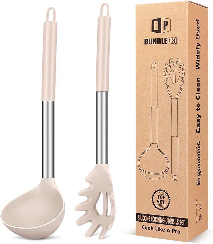 Silicone Pasta Fork and Ladle Spoon Set, Large Non Stick Kitchen Utensils by BUNDLEPRO