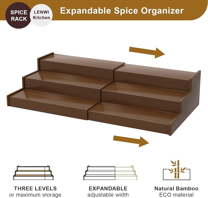 Lenwi Spice Rack Organizer for Cabinet, 3 Tier Expandable Bamboo Spice Storage - Image 4