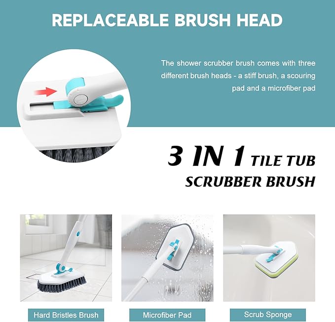 nacena Shower Scrubber with Long Handle, 4 in 1 Tile Tub Scrubber Brush with 3 - Image 4