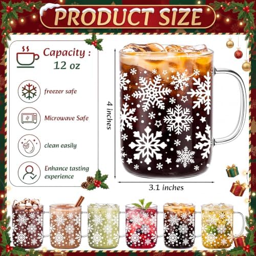 6 Pcs Christmas Glass Mugs with Handle Winter Xmas Coffee Mugs, Snowflakes - Image 2