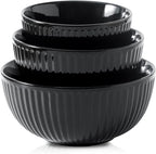 HASENSE Small Mixing Bowls of 3, Porcelain Ribbed Black Bowls 1.5/1/0.5 Qt by Hasense