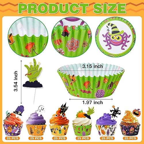 Halloween Cupcake Liners with Toppers Picks, Standard Wrappers Cupcake Disposable Baking Cups Muffin Liners for Halloween Party Decorations Supplies (150 Liners & 150 Toppers) - Image 3