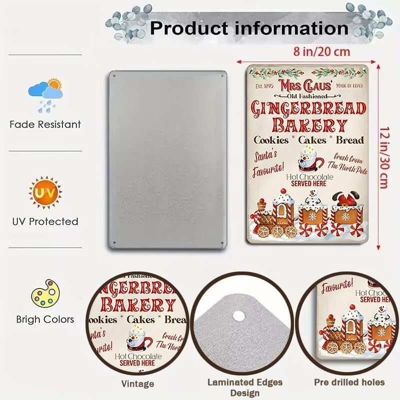Artlunar Vintage Christmas Decor Gifts Rustic Christmas Mrs Claus Old Fashioned Gingerbread Bakery Tin Sign for Home Farmhouse Kicthen Cafe Bar Wall Decor 8 x 12 inches (3245) - Image 2