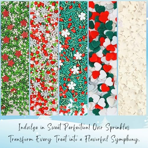 Confect Christmas Sprinkles | Sprinkles for Baking & Cake Decorative | Assorted pack of 5 Silver, Red, Green & White I Heart, stars, Snowflakes sparkling sugar | Cookie sprinkles| Dessert Decorating - Image 6