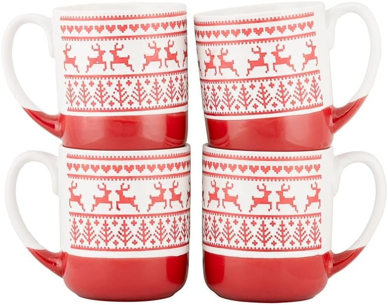 10 Strawberry Street Embossed Reindeer Ceramic Mug, Set of 4 (Red), S4MUG-XMAS - Image 5