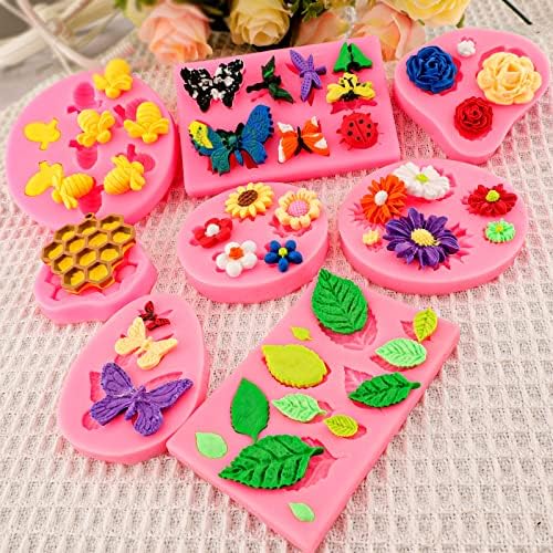 Silicone Mold Flower 8pcs Chocolate Fondant Polymer Clay Candy Gummy Mold,Rose Leaf Butterfly Bee Honey Shaped Silicone Molds for DIY Cake Cupcake Decor Craft - Image 4