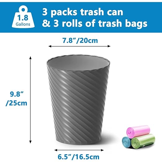 Lysam Bathroom Trash Can, 3 Pack 1.8 Gallons Small Trash Can - Image 3