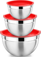 P&P CHEF Red Mixing Bowls with Lids, Stainless Steel Salad Nesting Bowl by PPCHEF
