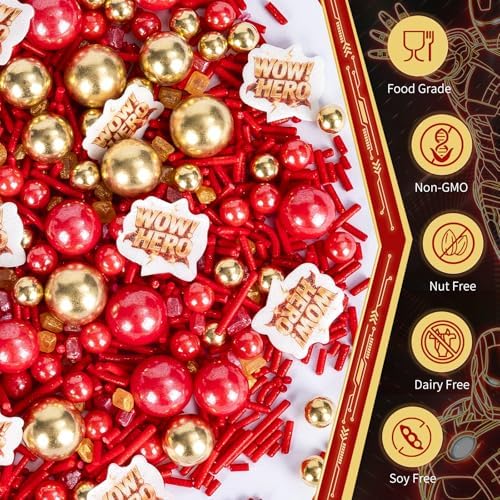 Edible Hero Sprinkles for Cake Decorating,Red Gold Pearls Jimmies Mix - Image 3