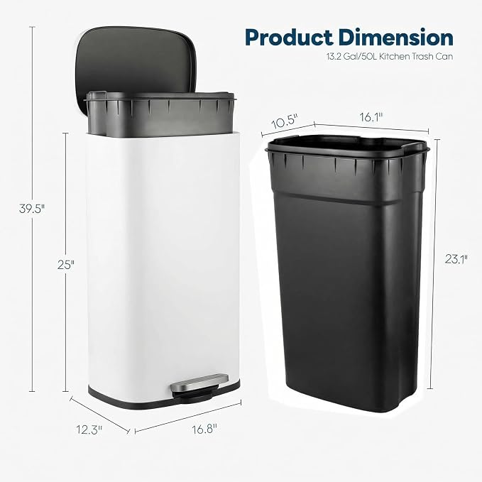 13.2 Gal Kitchen Trash Can, 50L Recycling or Garbage Bin, Brushed Stainless - Image 2