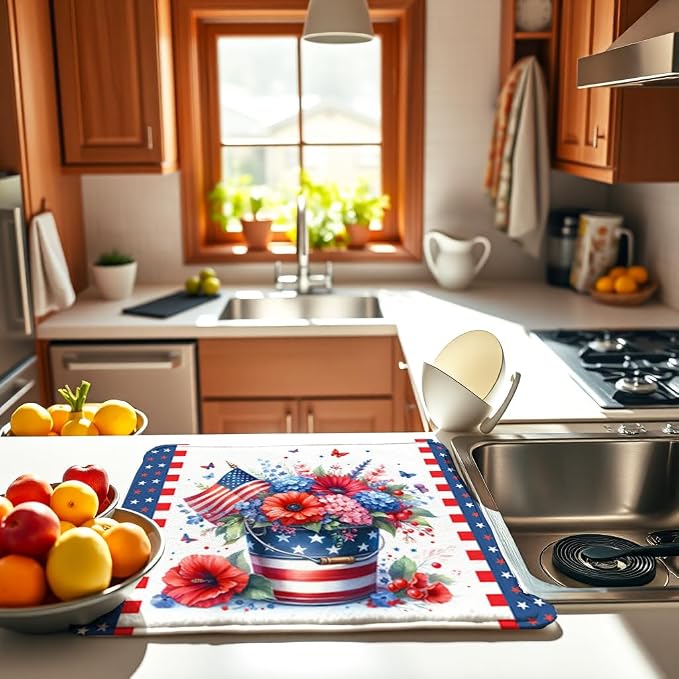 4th of July Dish Drying Mat for Kitchen Counter Independence Day 16''x18'' - Image 6