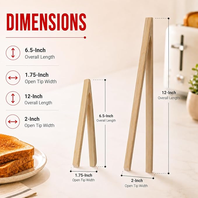 HIC Kitchen Kitchen Toast Tong Set, Natural Bamboo, 6.5 and 12-Inch, 2-Piece Set - Image 8