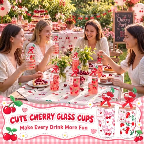 Vesici 6 Set Cherry Glass Cups with Lid Straw and Stopper, Cherry Gift - Image 6
