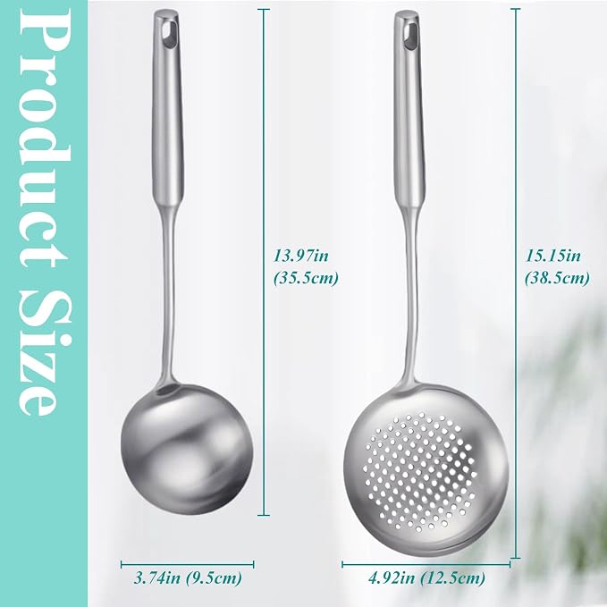 Soup Ladle and Slotted Spoon Set of 2, Metal 316 Stainless Steel Kitchen Ladles - Image 4