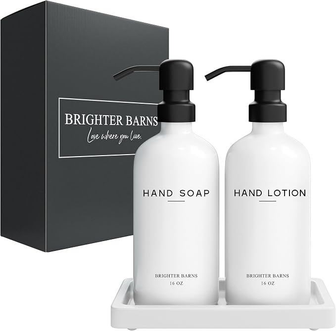White Glass Soap and Lotion Dispenser Set - Image 8