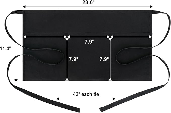 BOHARERS 3 Pockets Waitress Apron 12 Pack Cotton Server Apron Black Half Aprons - Image 7