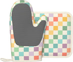 Vintage Checkered Silicone Oven Mitts Pan Mats Set of 2, Heat Resistant Gloves - Image 2