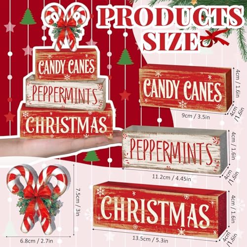 Moucuny 4 Pcs Christmas Candy Cane Table Decor Xmas Wooden Block Signs - Image 2