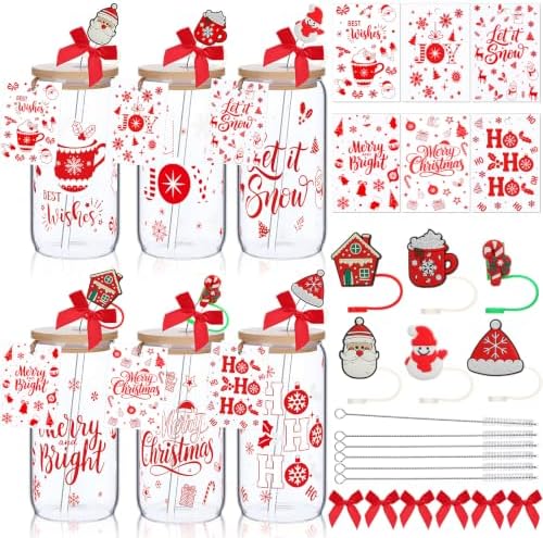 Vesici 6 Set Christmas Glasses Cups 16 oz Xmas Drink Cup with Lid Straw and Stopper Can Shaped Beer Tumbler Xmas Appreciation Gifts with Cards and Bow for Women Birthday Party Favor(Classic Christmas) by Vesici