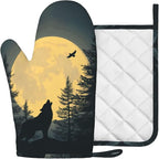 Black Wolf Howling at The Moon Oven Mitt and Pot Holder - Image 2