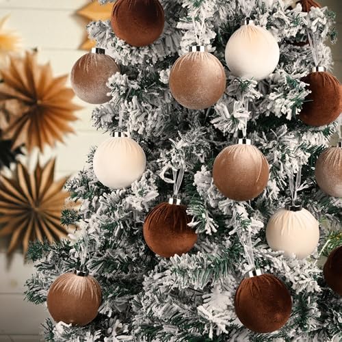 Brown Velvet Christmas Tree Ornaments - 15pcs Shatterproof Christmas Balls for Xmas Trees Decorations - Multicolor Brown Neutral Beige, 80mm 3.15inch - Image 6
