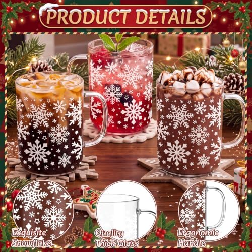12 Pcs Christmas Glass Mugs with Handle Winter Xmas Coffee Mugs, Snowflakes - Image 6