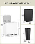Dual Trash and Recycling Bins for Kitchen, 13.2 + 5.2 Gal Stainless Steel Trash - Image 6