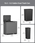 Dual Trash and Recycling Bins for Kitchen, 13.2 + 5.2 Gal Stainless Steel Trash - Image 6