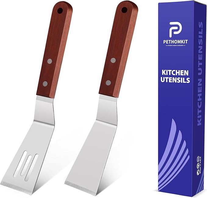 Small Metal Spatula Set for Cast Iron Skillet, Mini Wooden Spatulas for Kitchen by PETERSHOMEANDKITCHEN